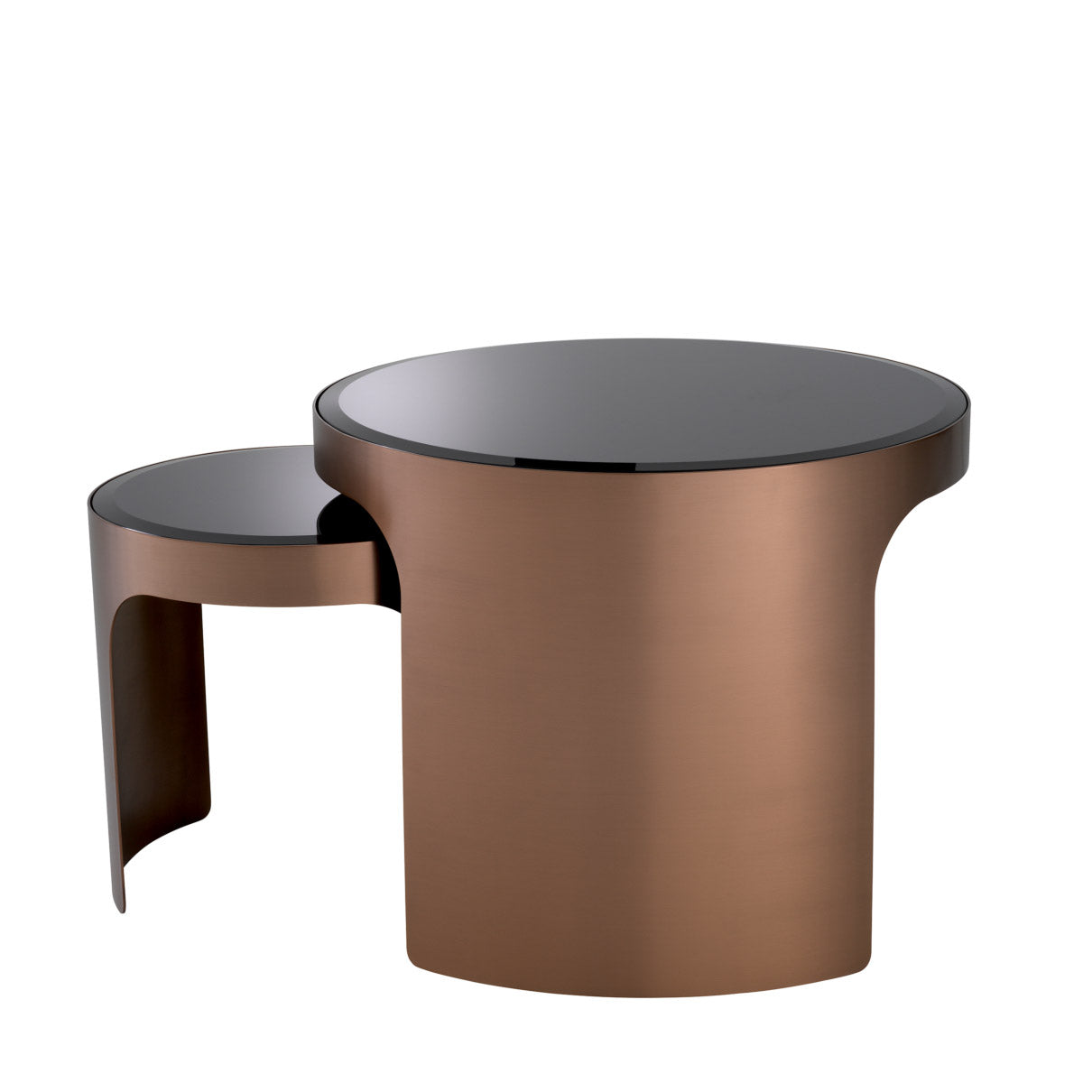 Eichholtz Side Table Piemonte set of 2 Featuring a bevelled black glass tabletop and a brushed copper metal base, they will be