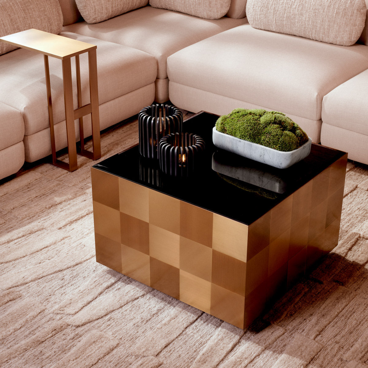 Eichholtz Side Table Pierre and top, this modern end table features a brushed brass finish. It is especially well-suited