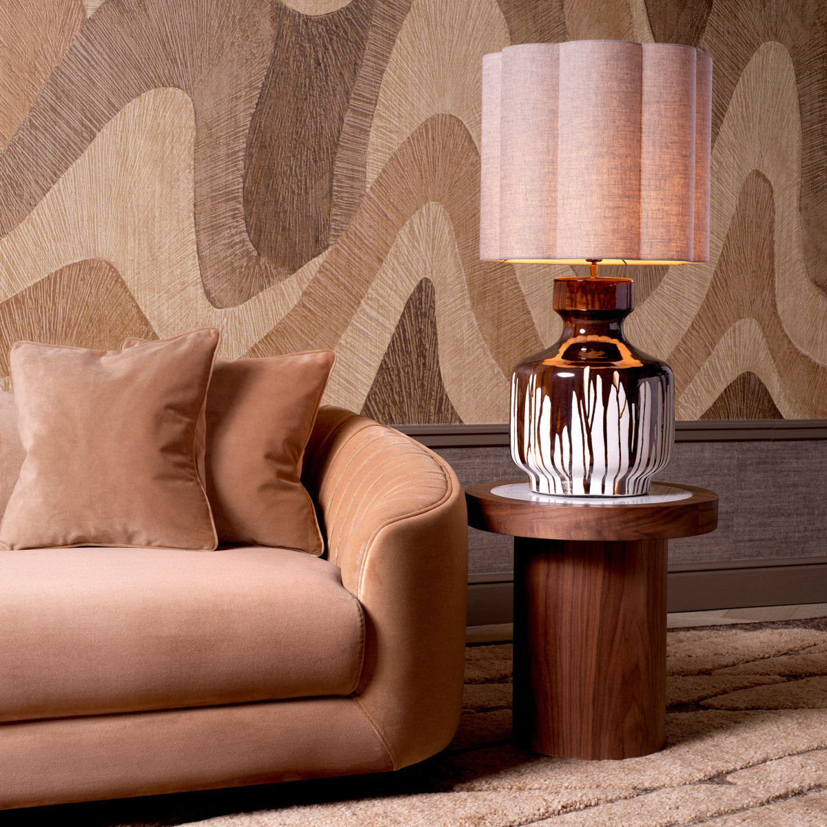 Eichholtz Side Table Presedio rich walnut veneer base elegantly contrasted by a shimmering Bianco Lilac marble top, this piece