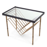 Eichholtz Side Table Princess detail, genuine black leather embraces the rectangular shaped glass while the vintage brass finish elevates