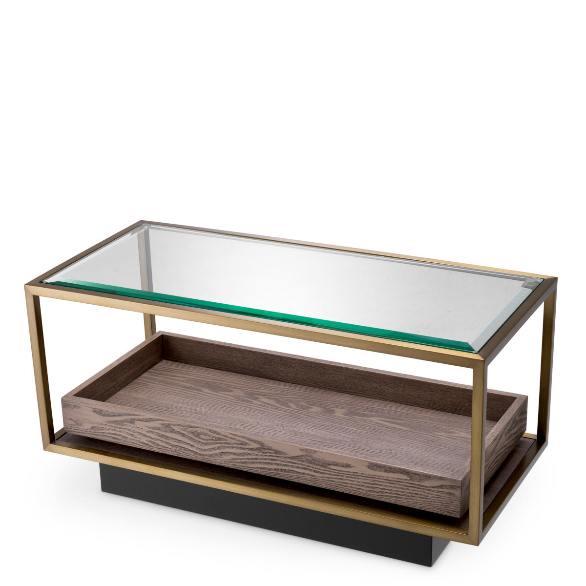 Eichholtz Side Table Roxton brass finish with clear glass and grey veneer accents, the table features a retractable tray