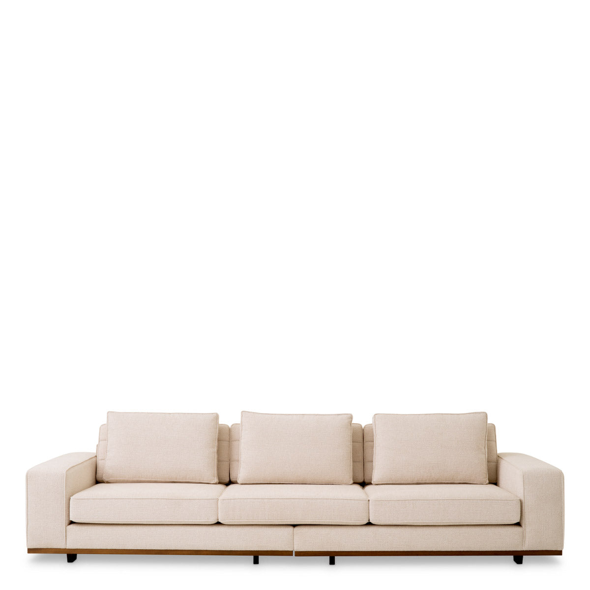 Eichholtz Sofa Aurora L beige textured upholstery and sleek tapered brown wooden legs complement this three seater sofa perfectly.