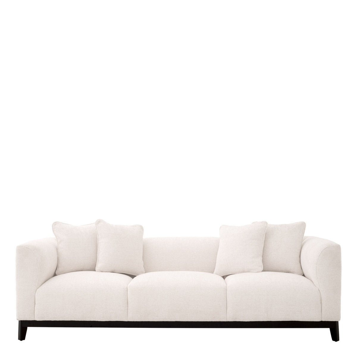 Eichholtz Sofa Corso Lyssa off-white upholstery and mounted on a sleek black finish frame. Thick foam cushioning provides