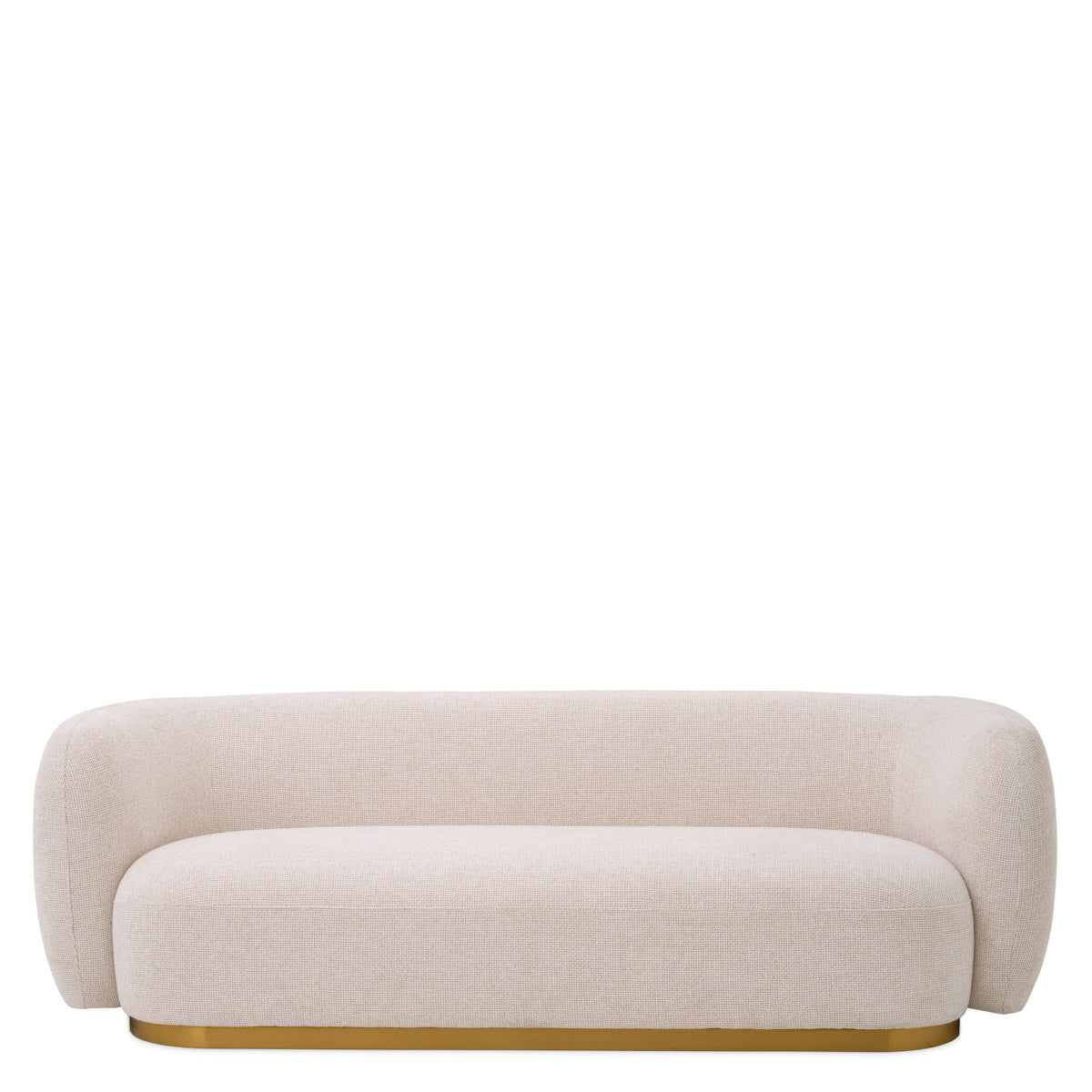 Eichholtz Sofa Roxy on a brushed brass base, this accent chair features a sheltering arc from arm to