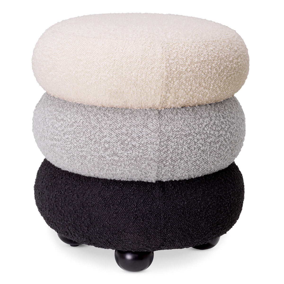 Eichholtz Stool Tulum by its unique marshmallow-like curves in a trio of cream, grey and black bouclÃ© fabric.