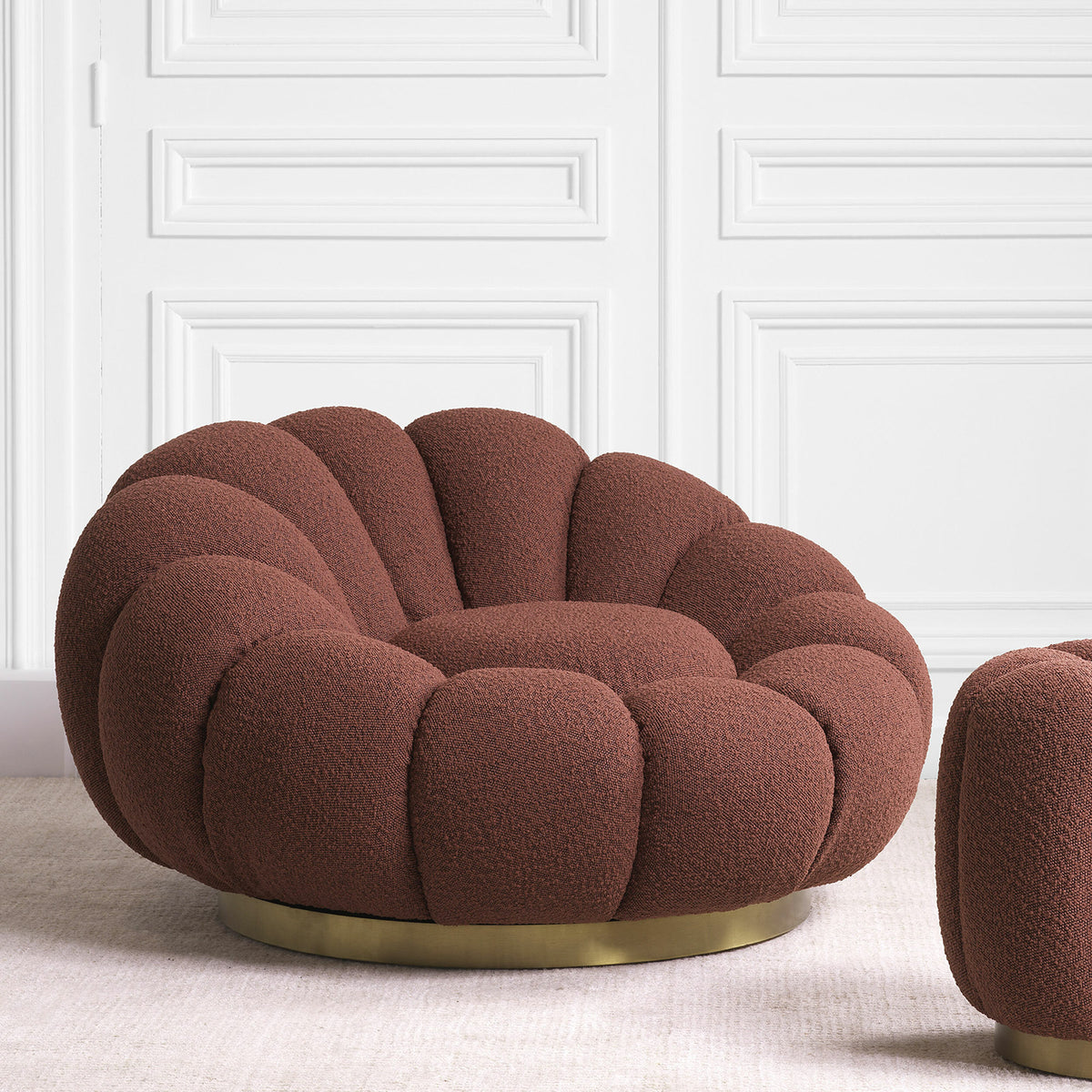 Eichholtz Swivel Chair Mello your home. Looking like an open flower, this delightful accent chair with BouclÃ© rouge upholstery
