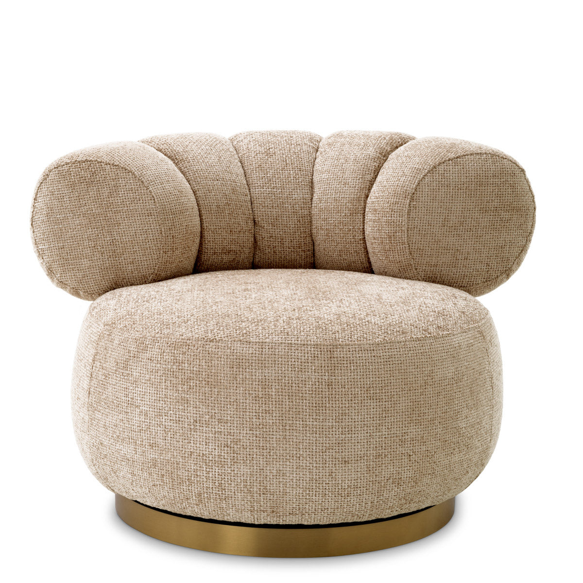 Eichholtz Swivel Chair Phedra Upholstered in textured Lyssa sand fabric and featuring a brushed brass finish swivel base, Phedra