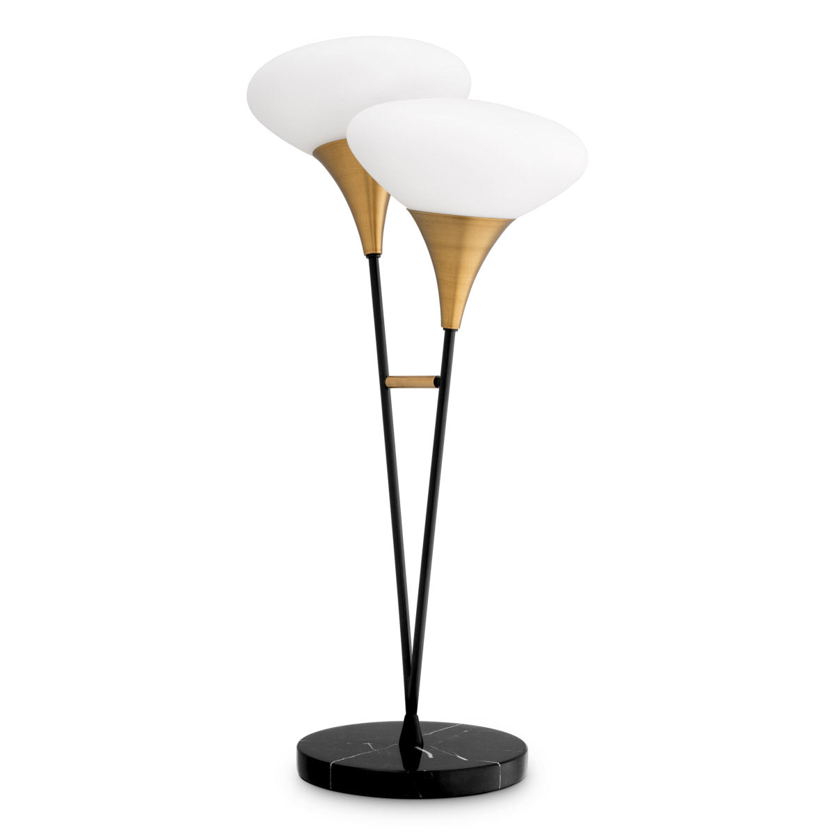 Eichholtz Table Lamp Duco an antique brass finish, it features two stems with funnel-shaped holders and elliptical white glass