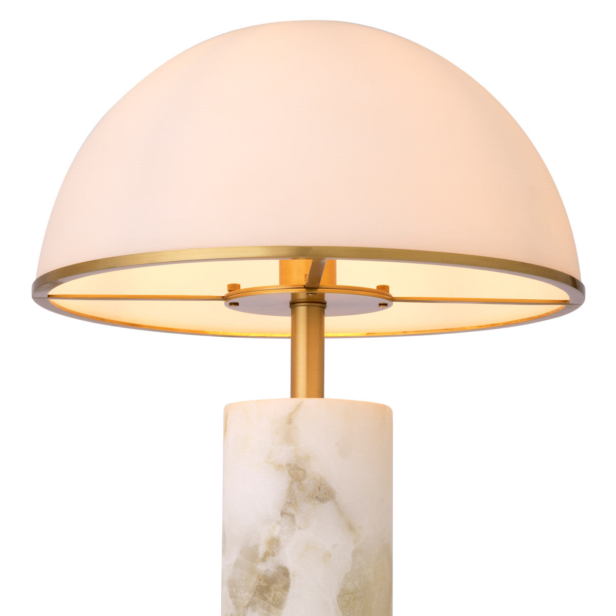 Eichholtz Table Lamp Vaneta chic cylindrical alabaster base and dome-shaped white glass lampshade with a antique brass rim, this