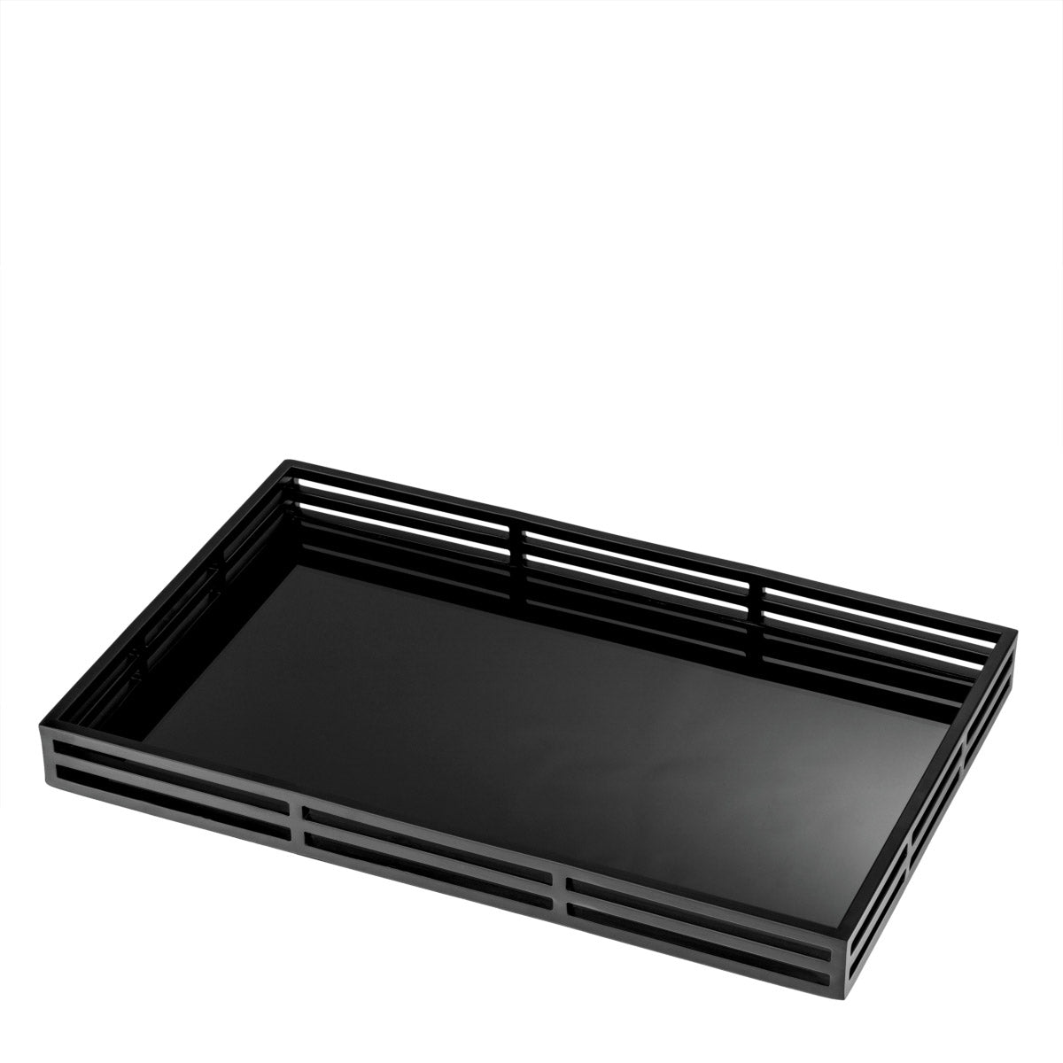 Eichholtz Tray Giacomo table arrangements. Featuring a black glass bottom shelf and open-sided surround with matte black finish,