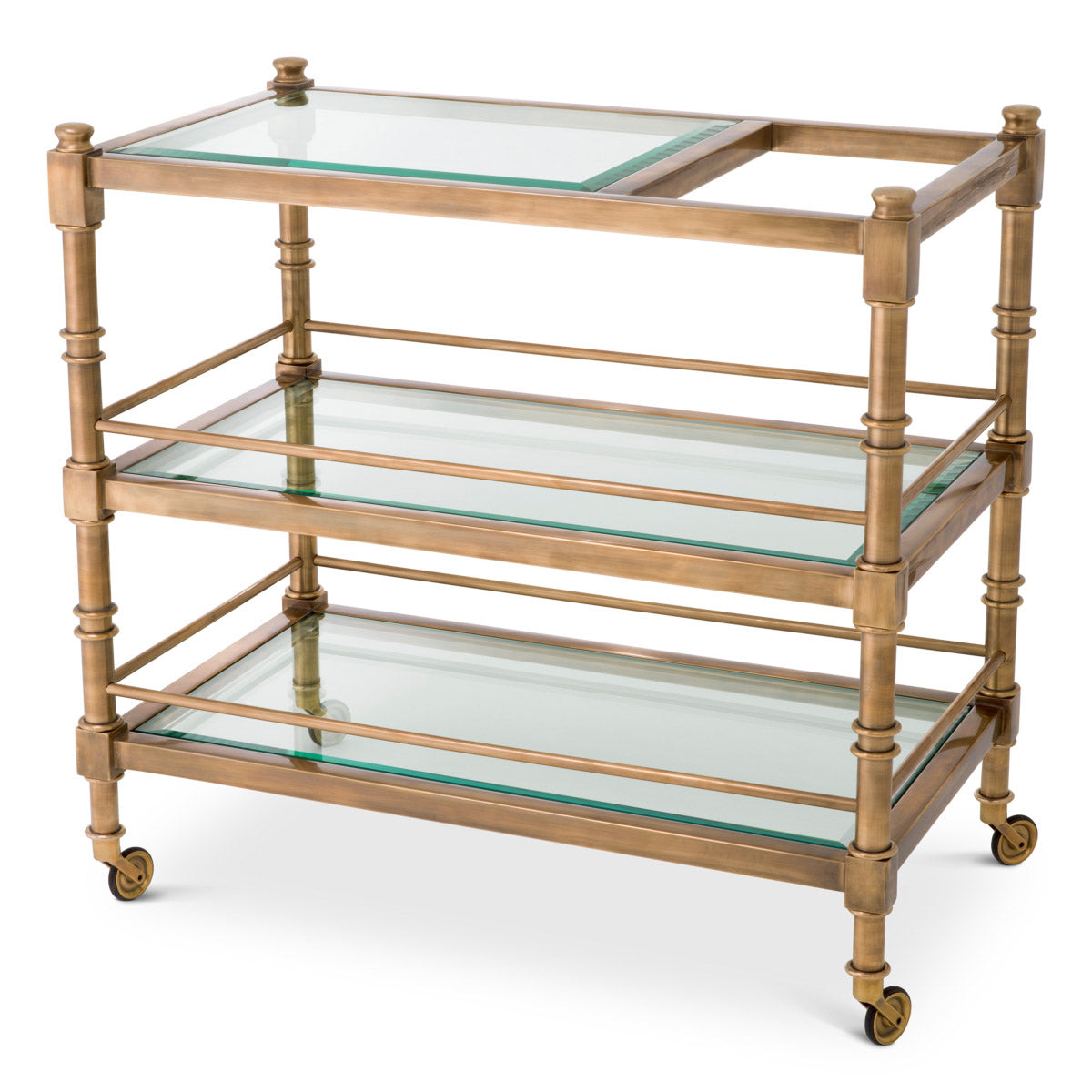 Eichholtz Trolley Alexia Provided with a vintage brass finish and shelevs of bevelled clear glass, Trolley Alexia will