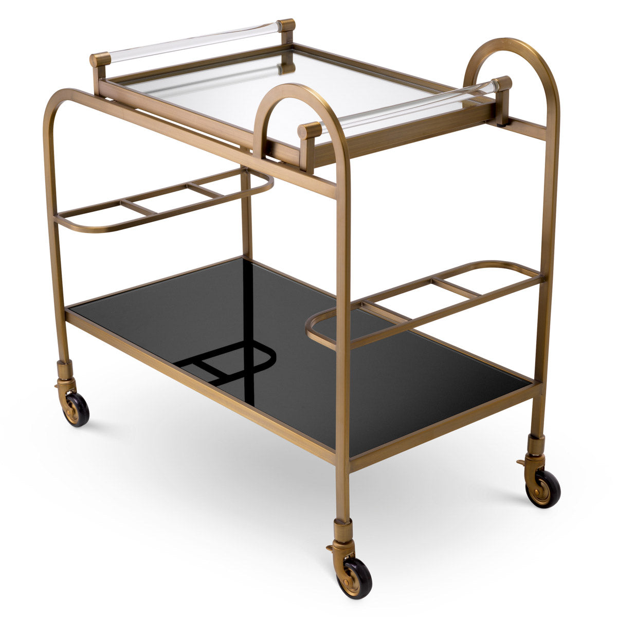 Eichholtz Trolley Montreuil tray with clear glass and a lower shelf of black glass. Two racks hold the