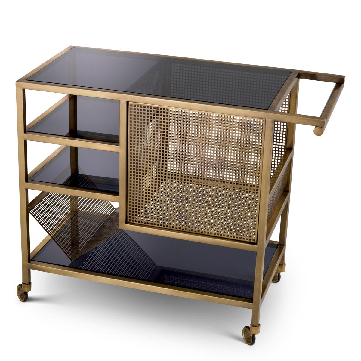 Eichholtz Trolley Sterling and sophistication, while the smoked glass shelves add a touch of allure. With its versatile