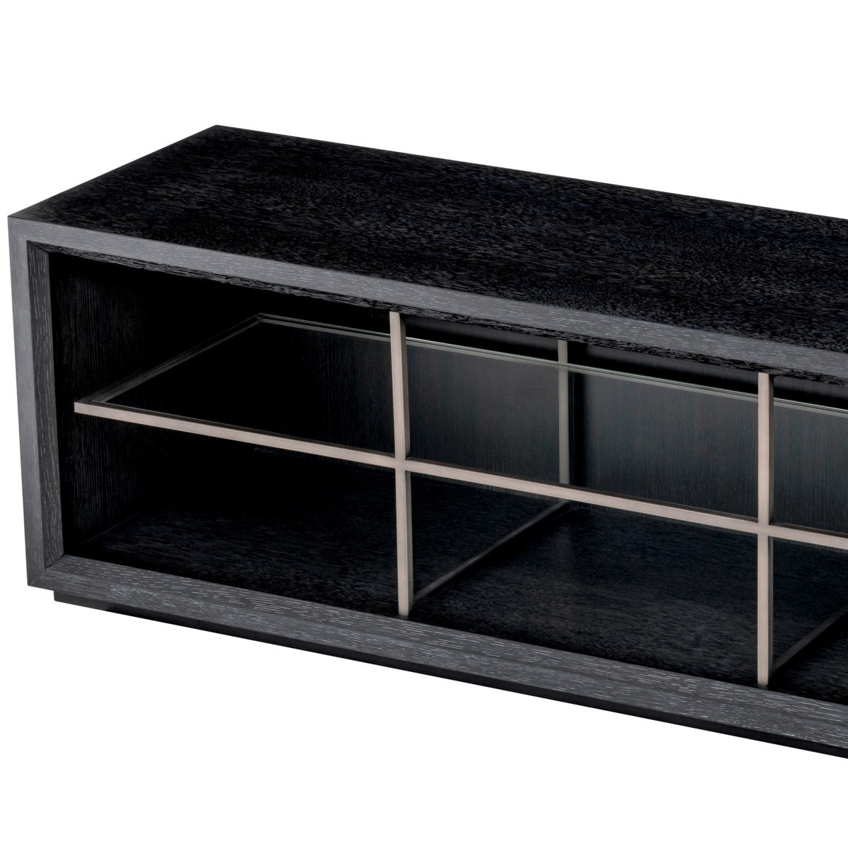 Eichholtz TV Cabinet Hennessey L blend of style and functionality. Finished in charcoal oak veneer and containing a medium bronze