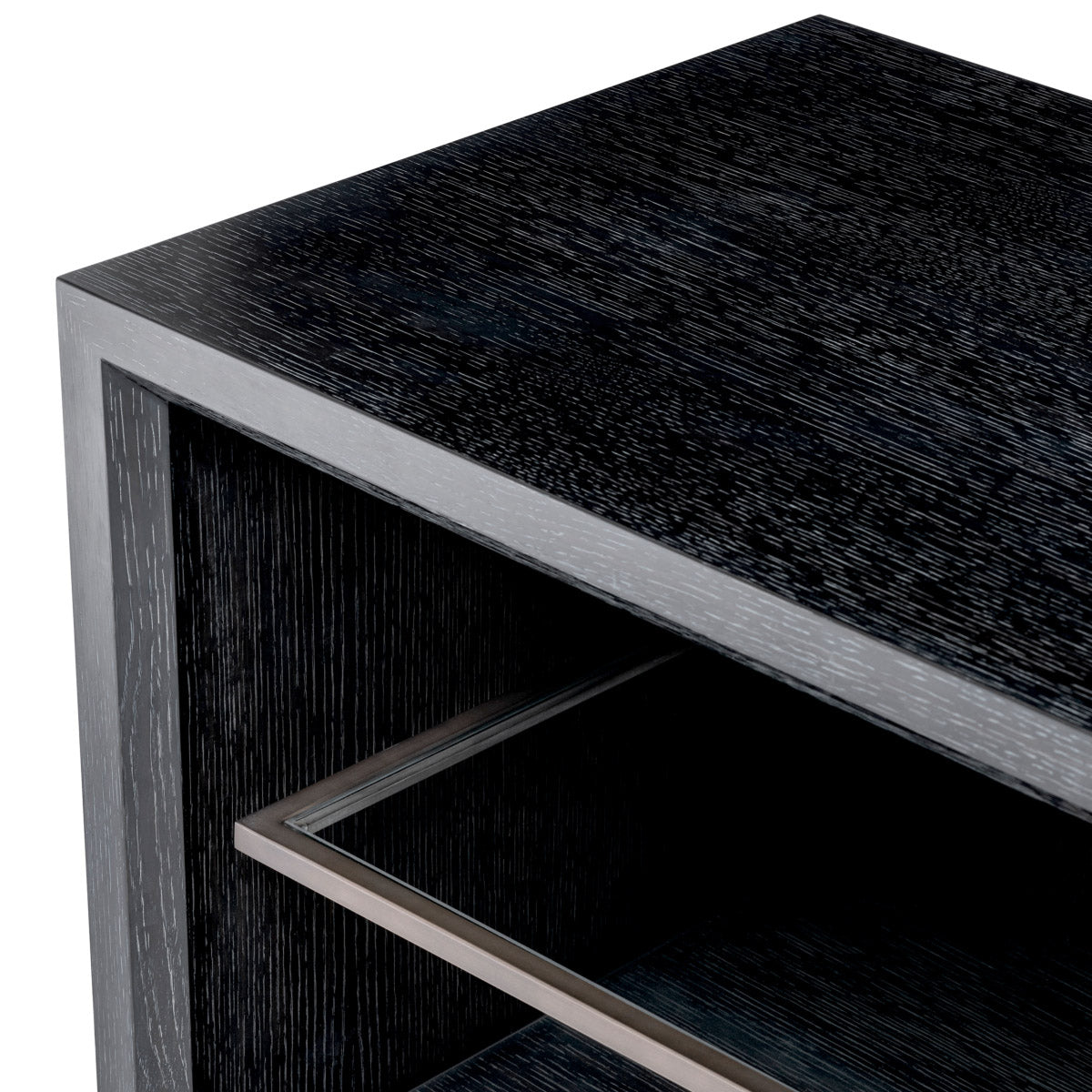 Eichholtz TV Cabinet Hennessey L inner frame with 4 compartments, it features an open build, sleek silhouette, and integrated storage,