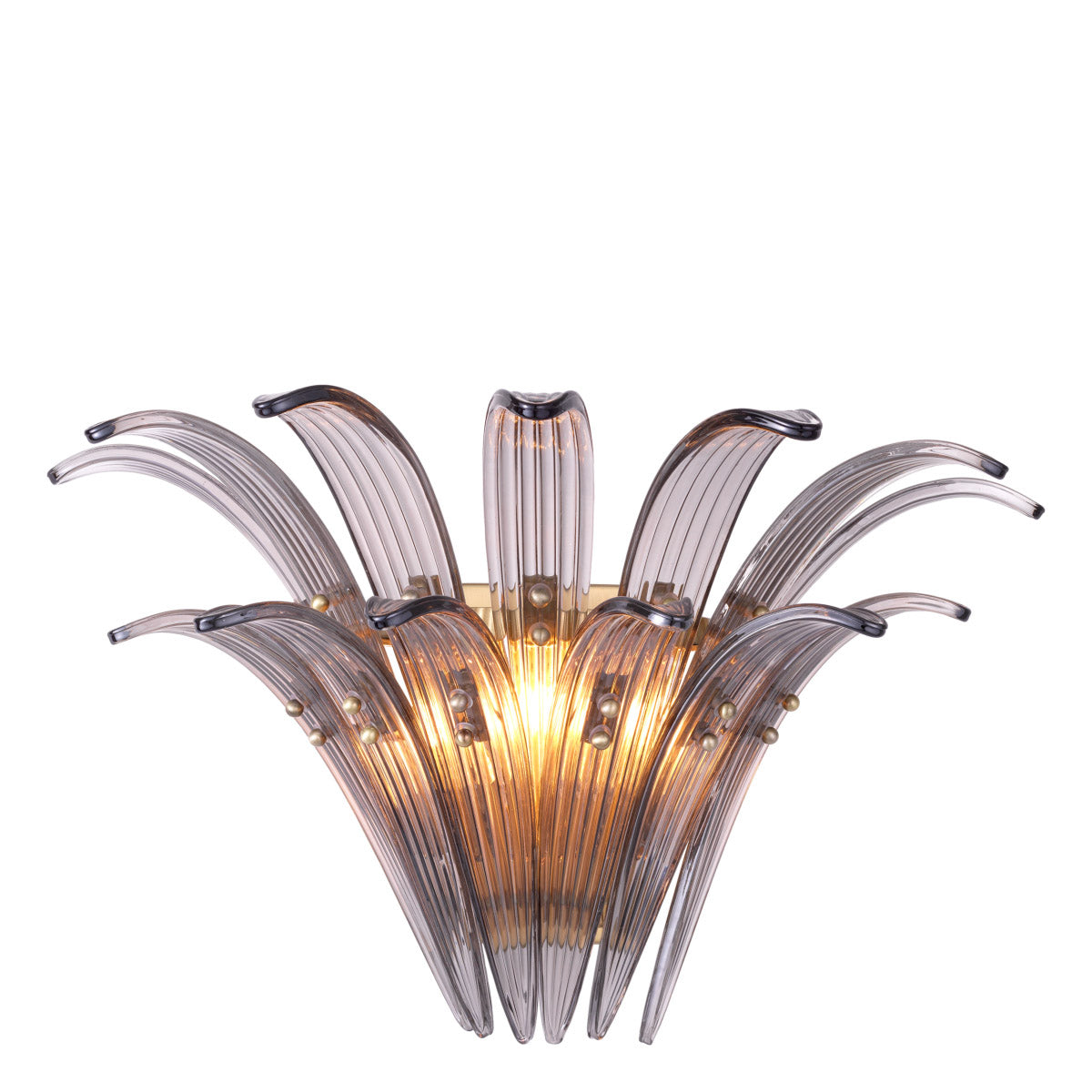 Eichholtz Wall Lamp Italo luminaire has a light brushed brass finish and two rows of ribbed smoked glass decorations,