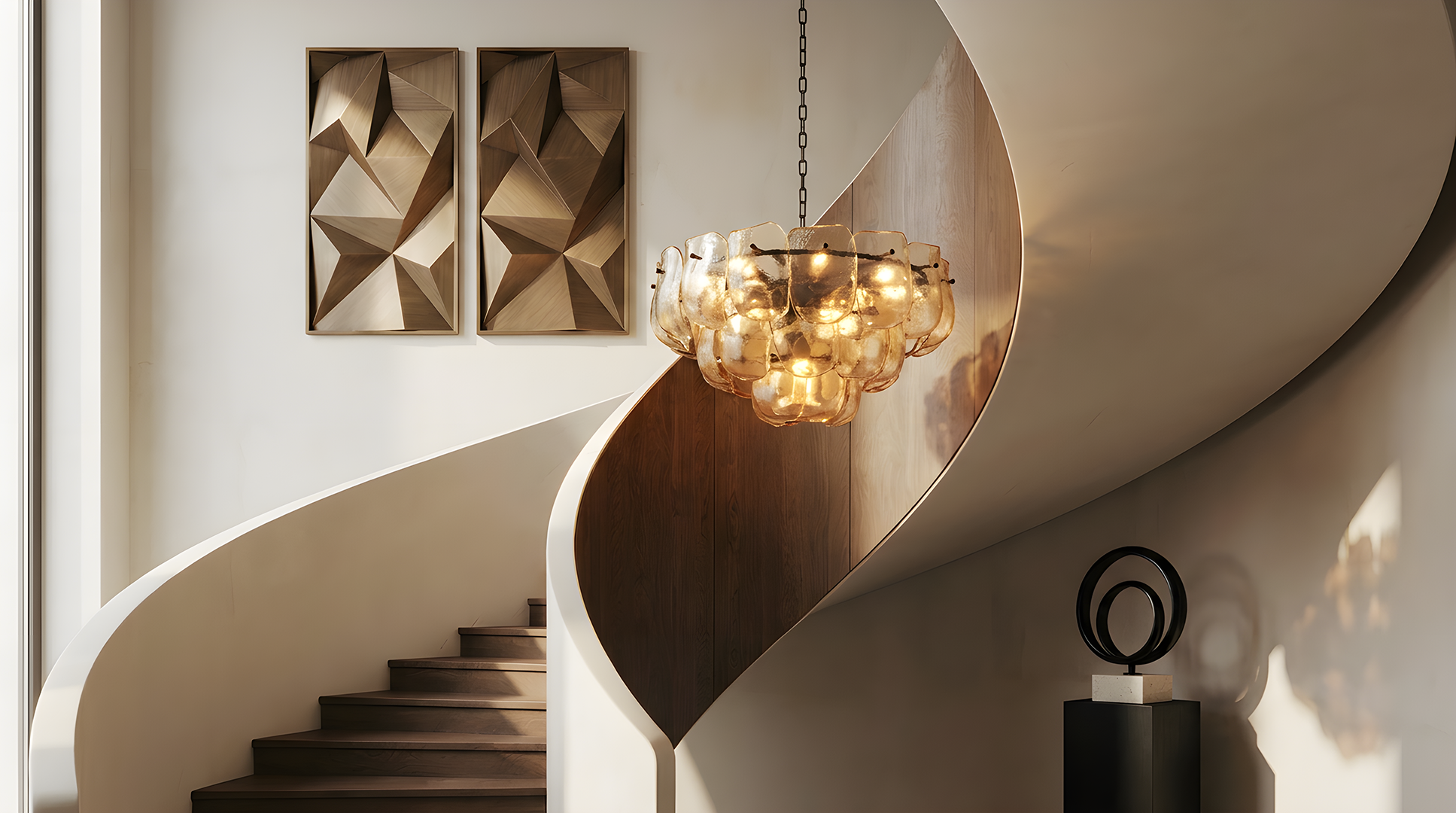 Eichholtz chandelier over a sculptural spiral staircase — Designed to be admired